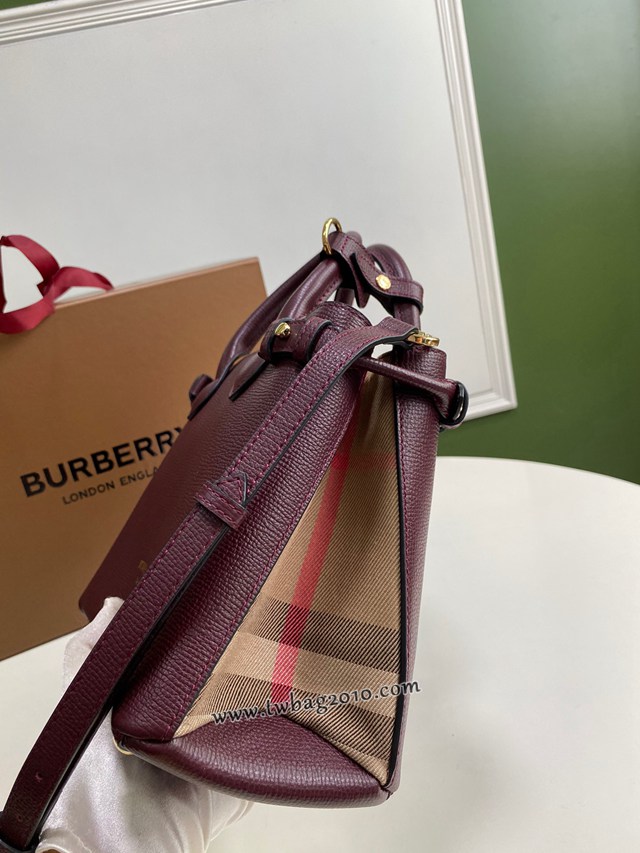 Burberry專門店新款小號酒紅托特包 巴寶莉粒面小牛皮手提肩背女包 yxb1430